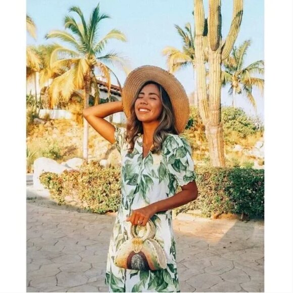 H&M Linen Blend Mini Dress S Lemon Leaf Print Cotton Blogger Fav Summer Vacation - Picture 12 of 14